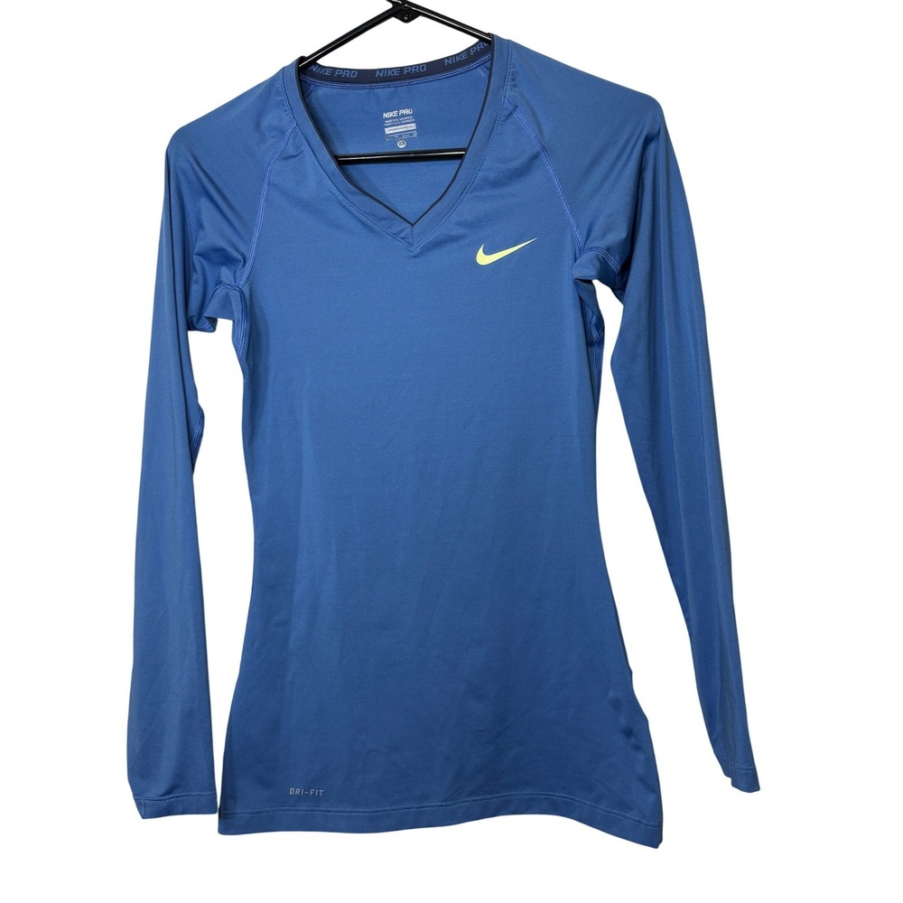 Nike Pro Womens XS Dri-Fit Blue Long Sleeve V-Neck Compression Training Shirt